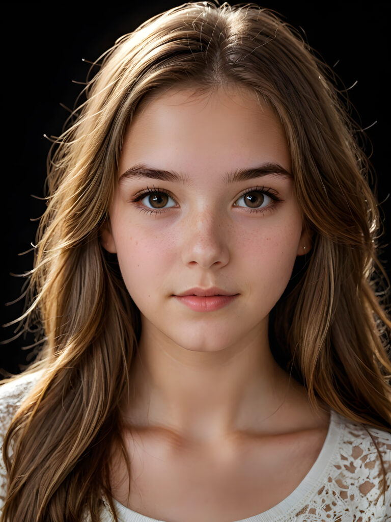 a (((realistically teenage girl, 15 years old))) with highly detailed, expressive eyes and a beautifully drawn face, framed by (((soft, flowing straight light brown hair))), illuminated by (cinematic, highlights) in a (close-up shot), exuding an air of innocent, wholesomeness, perfect shadow and light, ((black background))