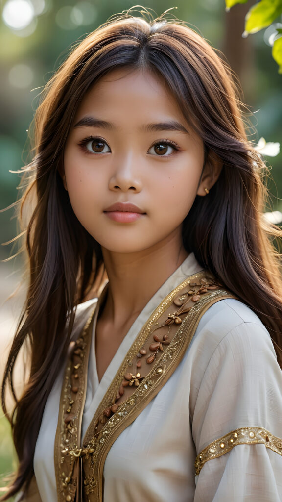 a (((realistically drawn portrayal))) of a (((beautifully elegant young Burmese girl))), aged 15, with ((long, straight, hazelnut super soft hair)) framing a (((stunningly realistic, detailed face))), characterized by intricate features like (((round hazelnut eyes))), cut bangs, and a softly down turned mouth, captured in a (((side perspective, perfect body))), her expression suggestive of melancholy