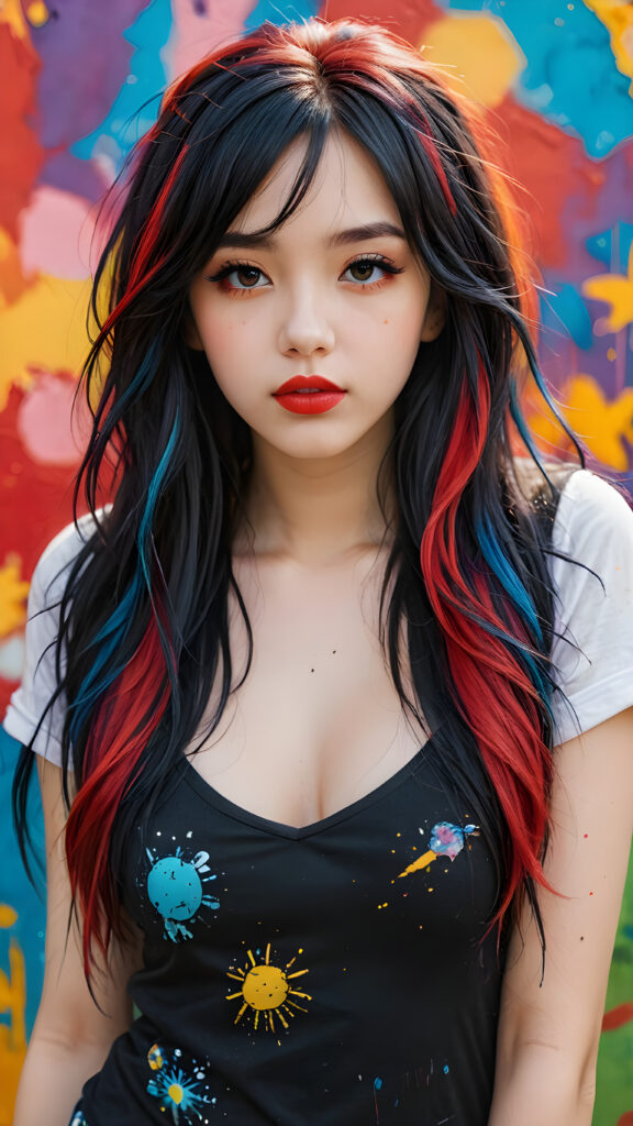 a (((realistically modelled, highly detailed))) (((close-up portrait))), with ((skin complexion)), (((straight hair))), and (((red lips))), capturing a (((cute emo girl aesthetic))) with a (((super long, messy, big hair))), framed by a (((vividly colorful, highly detailed backdrop))) that gives off a (((sunny, psychedelic glow))), suggestive of a (dreamy, cloudy, romantic setting)