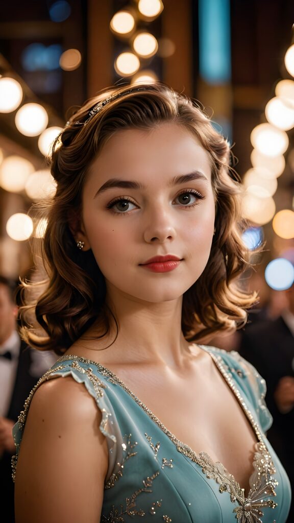 a (((realistically gorgeous young lady))) from the 1940s era, elegantly dressed in a classic style, with a soft focus filter that gives her a vintage air, under luxurious (((cinematic lights))), exuding an air of timeless beauty and sophistication