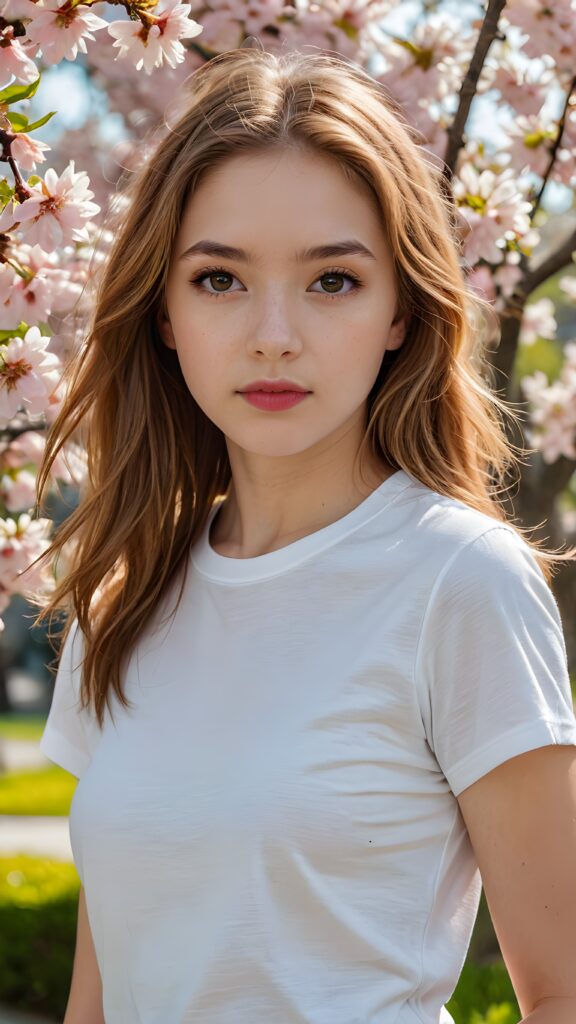 a (((realistically detailed long, straight hazelnut hair)))-haired (((teen girl))) with (((realistically detailed angelic round face))) and (((detailed realistic hazelnut eyes))) looking sadly at the camera in a (((perfectly curved portrait shot))), dressed in a (((super short tight white T-shirt made on thin silk)), exuding an elegant yet playful vibe against the backdrop of (cherry blossoms)