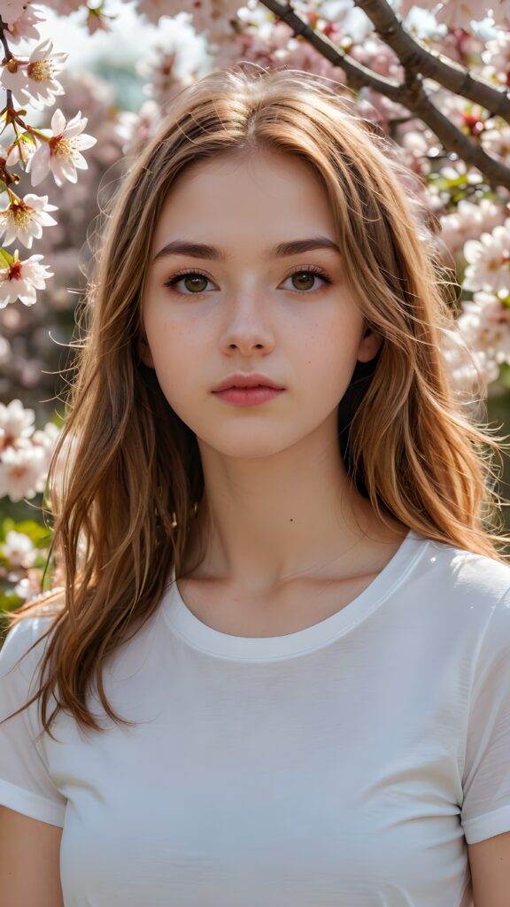 a (((realistically detailed long, straight hazelnut hair)))-haired (((teen girl))) with (((realistically detailed angelic round face))) and (((detailed realistic hazelnut eyes))) looking sadly at the camera in a (((perfectly curved portrait shot))), dressed in a (((super short tight white T-shirt made on thin silk)), exuding an elegant yet playful vibe against the backdrop of (cherry blossoms)