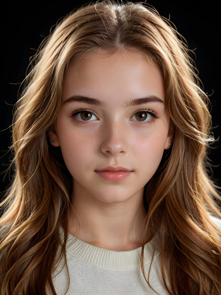 a (((realistically teenage girl, 15 years old))) with highly detailed, expressive eyes and a beautifully drawn face, framed by (((soft, flowing straight hazelnut hair))), illuminated by (cinematic, highlights) in a (close-up shot), exuding an air of innocent, wholesomeness, perfect shadow and light, ((black background))