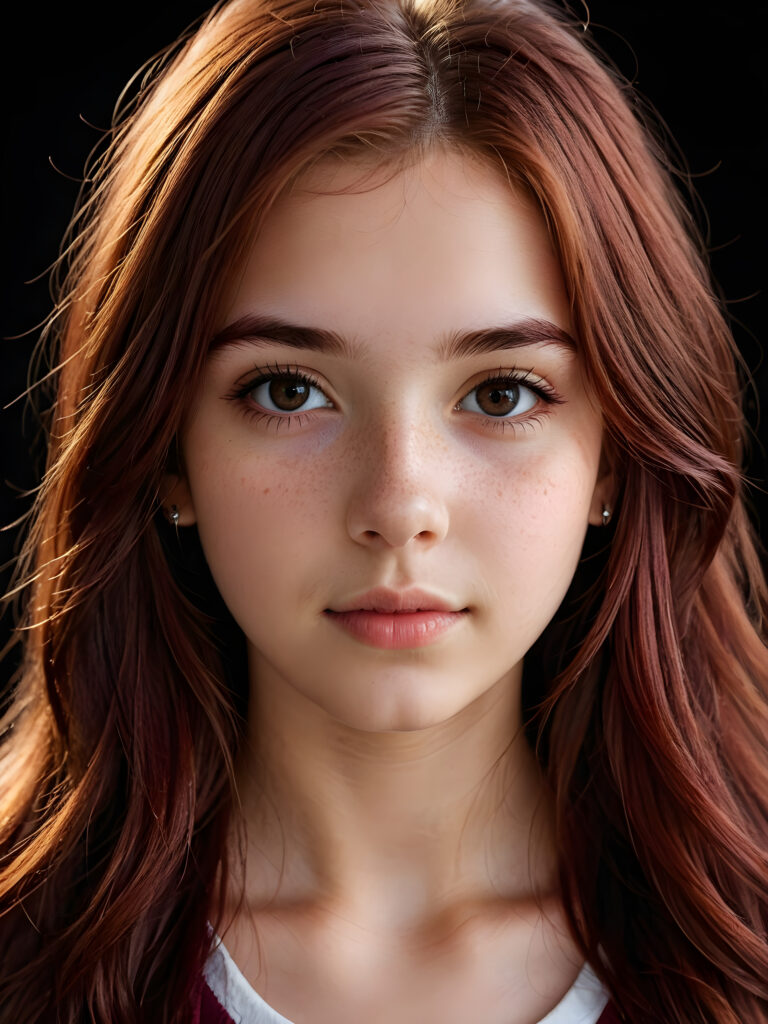 a (((realistically teenage girl, 15 years old))) with highly detailed, expressive eyes and a beautifully drawn face, framed by (((soft, flowing straight maroon hair))), illuminated by (cinematic, highlights) in a (close-up shot), exuding an air of innocent, wholesomeness, perfect shadow and light, ((black background))