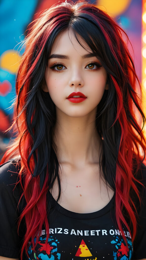 a (((realistically modelled, highly detailed))) (((close-up portrait))), with ((skin complexion)), (((straight hair))), and (((red lips))), capturing a (((cute emo girl aesthetic))) with a (((super long, messy, big hair))), framed by a (((vividly colorful, highly detailed backdrop))) that gives off a (((sunny, psychedelic glow))), suggestive of a (dreamy, cloudy, romantic setting)