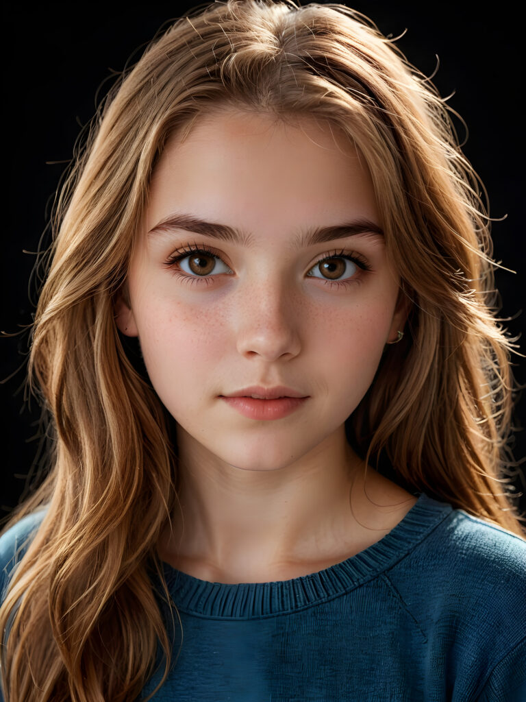 a (((realistically teenage girl, 15 years old))) with highly detailed, expressive eyes and a beautifully drawn face, framed by (((soft, flowing straight hazelnut hair))), illuminated by (cinematic, highlights) in a (close-up shot), exuding an air of innocent, wholesomeness, perfect shadow and light, ((black background))