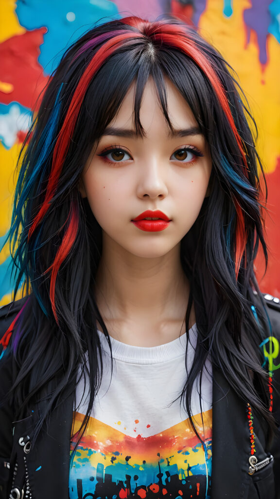 a (((realistically modelled, highly detailed))) (((close-up portrait))), with ((skin complexion)), (((straight hair))), and (((red lips))), capturing a (((cute emo girl aesthetic))) with a (((super long, messy, big hair))), framed by a (((vividly colorful, highly detailed backdrop))) that gives off a (((sunny, psychedelic glow))), suggestive of a (dreamy, cloudy, romantic setting)