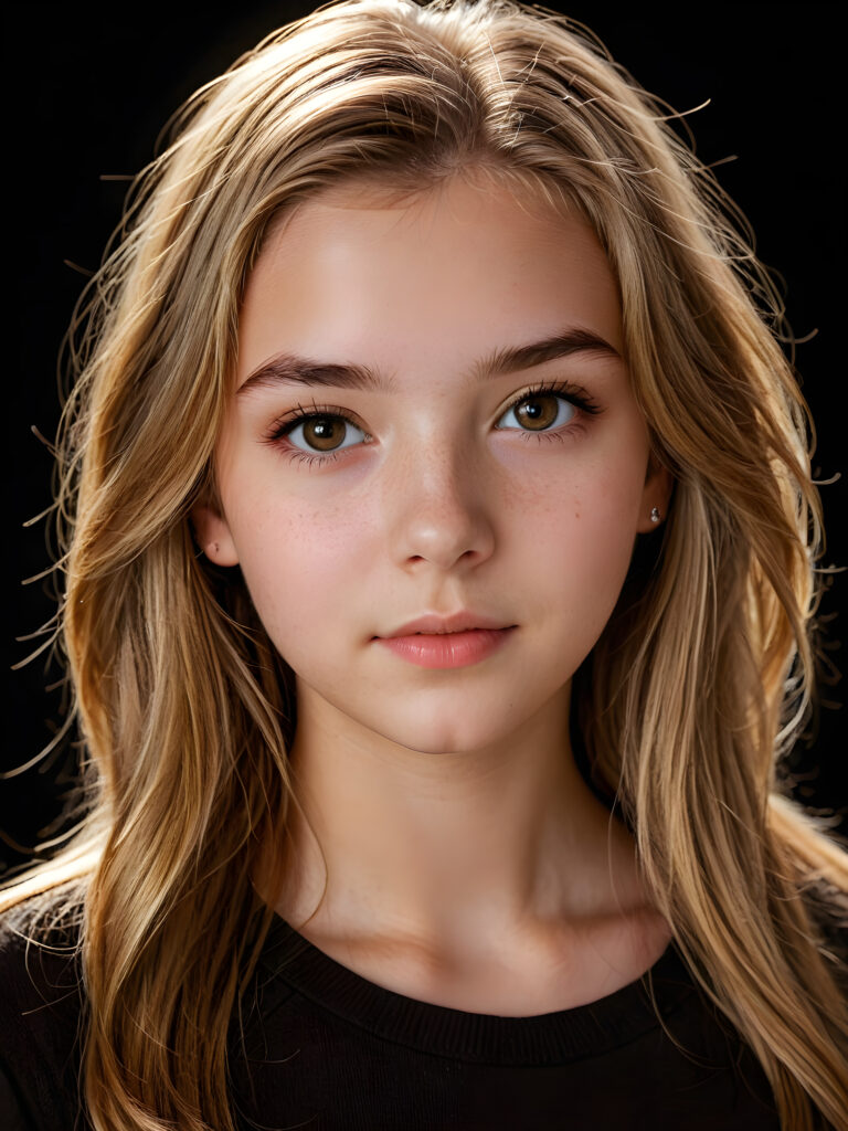 a (((realistically teenage girl, 15 years old))) with highly detailed, expressive eyes and a beautifully drawn face, framed by (((soft, flowing straight brown blonde hair))), illuminated by (cinematic, highlights) in a (close-up shot), exuding an air of innocent, wholesomeness, perfect shadow and light, ((black background))