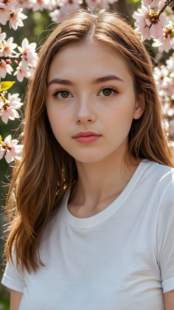 a (((realistically detailed long, straight hazelnut hair)))-haired (((teen girl))) with (((realistically detailed angelic round face))) and (((detailed realistic hazelnut eyes))) looking sadly at the camera in a (((perfectly curved portrait shot))), dressed in a (((super short tight white T-shirt made on thin silk)), exuding an elegant yet playful vibe against the backdrop of (cherry blossoms)