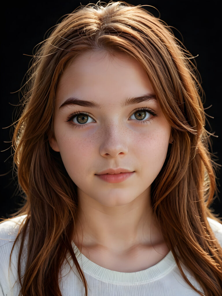 a (((realistically teenage girl, 15 years old))) with highly detailed, expressive eyes and a beautifully drawn face, framed by (((soft, flowing straight auburn hair))), illuminated by (cinematic, highlights) in a (close-up shot), exuding an air of innocent, wholesomeness, perfect shadow and light, ((black background))