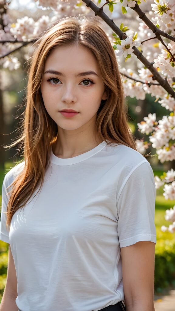 a (((realistically detailed long, straight hazelnut hair)))-haired (((teen girl))) with (((realistically detailed angelic round face))) and (((detailed realistic hazelnut eyes))) looking sadly at the camera in a (((perfectly curved portrait shot))), dressed in a (((super short tight white T-shirt made on thin silk)), exuding an elegant yet playful vibe against the backdrop of (cherry blossoms)