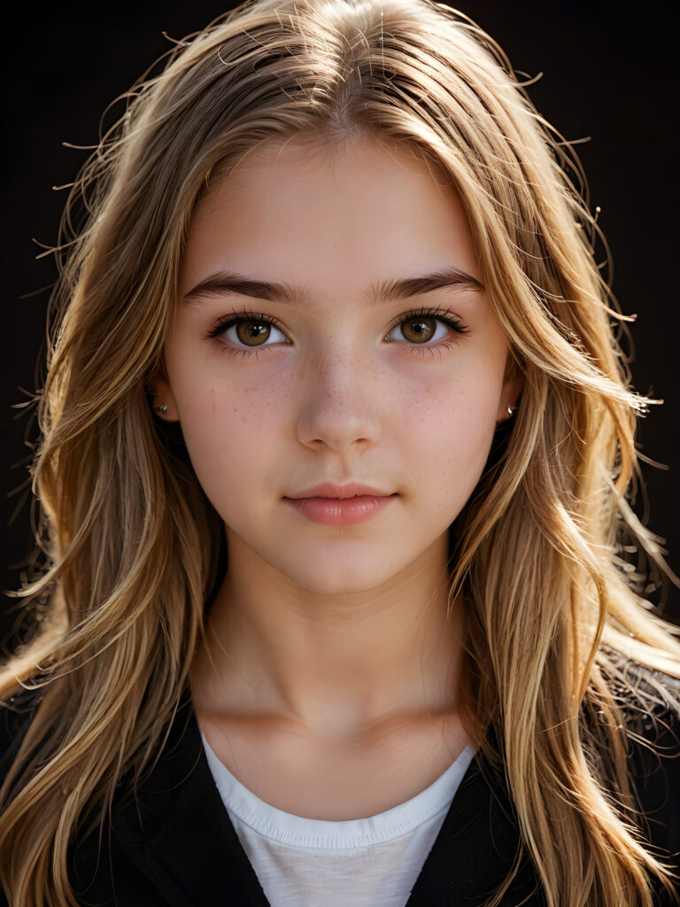 a (((realistically teenage girl, 15 years old))) with highly detailed, expressive eyes and a beautifully drawn face, framed by (((soft, flowing straight brown blonde hair))), illuminated by (cinematic, highlights) in a (close-up shot), exuding an air of innocent, wholesomeness, perfect shadow and light, ((black background))