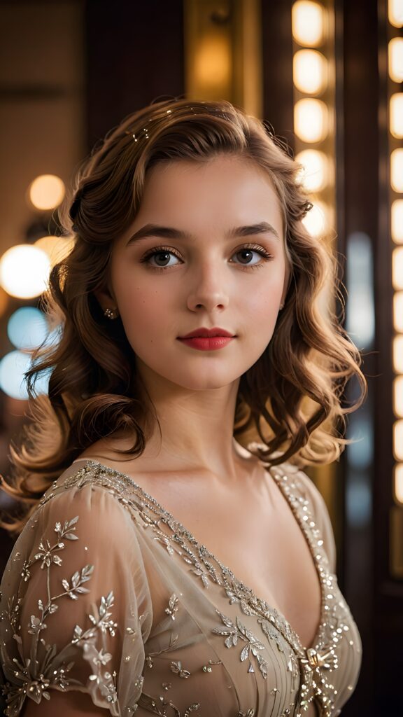 a (((realistically gorgeous young lady))) from the 1940s era, elegantly dressed in a classic style, with a soft focus filter that gives her a vintage air, under luxurious (((cinematic lights))), exuding an air of timeless beauty and sophistication