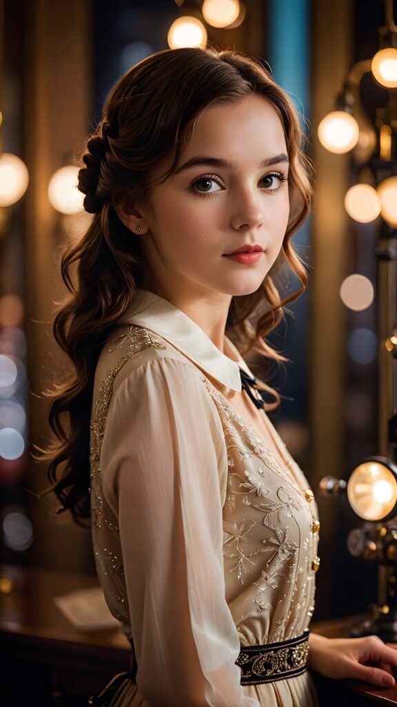 a (((realistically gorgeous young lady))) from the 1910s era, elegantly dressed in a classic style, with a soft focus filter that gives her a vintage air, under luxurious (((cinematic lights))), exuding an air of timeless beauty and sophistication