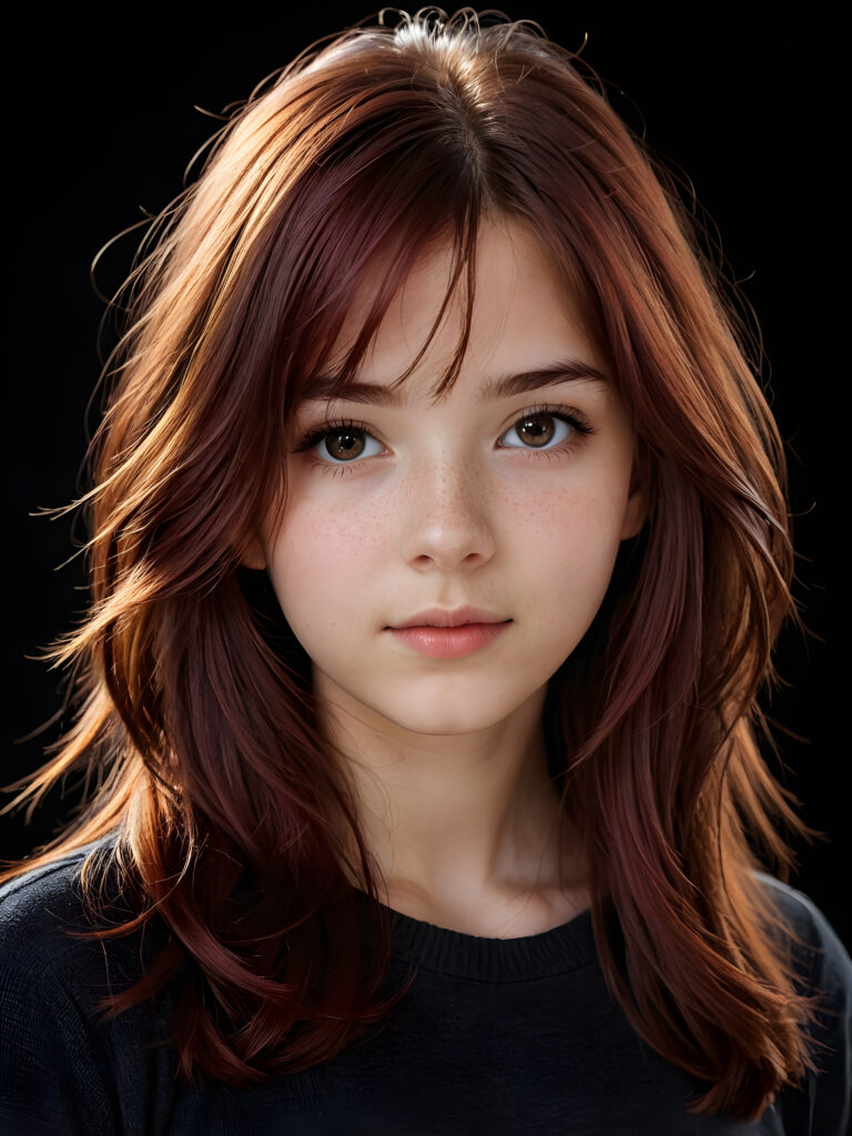 a (((realistically teenage girl, 15 years old))) with highly detailed, expressive eyes and a beautifully drawn face, framed by (((soft, flowing straight maroon hair))), illuminated by (cinematic, highlights) in a (close-up shot), exuding an air of innocent, wholesomeness, perfect shadow and light, ((black background))