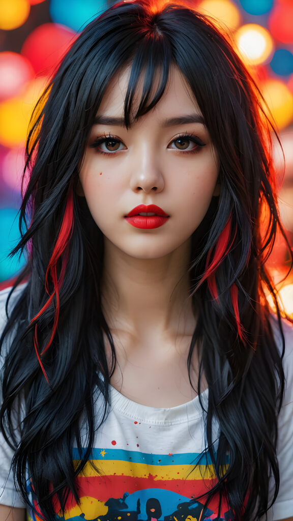 a (((realistically modelled, highly detailed))) (((close-up portrait))), with ((skin complexion)), (((straight hair))), and (((red lips))), capturing a (((cute emo girl aesthetic))) with a (((super long, messy, big hair))), framed by a (((vividly colorful, highly detailed backdrop))) that gives off a (((sunny, psychedelic glow))), suggestive of a (dreamy, cloudy, romantic setting)