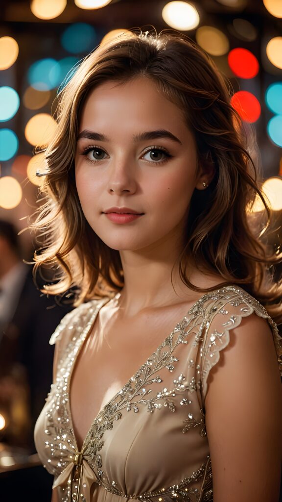 a (((realistically gorgeous young lady))) from the 1970s era, elegantly dressed in a classic style, with a soft focus filter that gives her a vintage air, under luxurious (((cinematic lights))), exuding an air of timeless beauty and sophistication