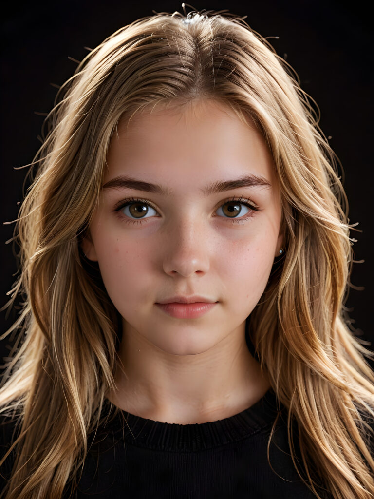 a (((realistically teenage girl, 15 years old))) with highly detailed, expressive eyes and a beautifully drawn face, framed by (((soft, flowing straight brown blonde hair))), illuminated by (cinematic, highlights) in a (close-up shot), exuding an air of innocent, wholesomeness, perfect shadow and light, ((black background))