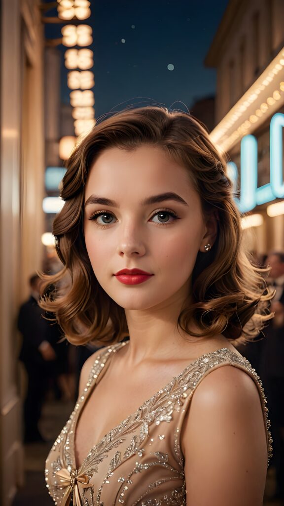 a (((realistically gorgeous young lady))) from the 1950s era, elegantly dressed in a classic style, with a soft focus filter that gives her a vintage air, under luxurious (((cinematic lights))), exuding an air of timeless beauty and sophistication