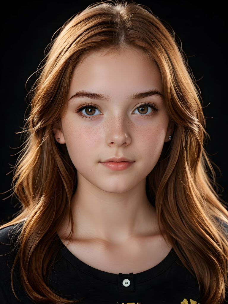 a (((realistically teenage girl, 15 years old))) with highly detailed, expressive eyes and a beautifully drawn face, framed by (((soft, flowing straight auburn hair))), illuminated by (cinematic, highlights) in a (close-up shot), exuding an air of innocent, wholesomeness, perfect shadow and light, ((black background))