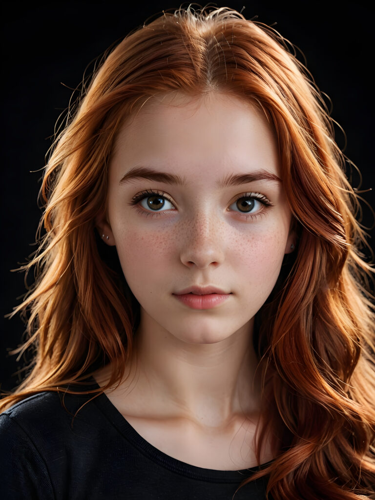 a (((realistically teenage girl, 15 years old))) with highly detailed, expressive eyes and a beautifully drawn face, framed by (((soft, flowing straight red hair))), illuminated by (cinematic, highlights) in a (close-up shot), exuding an air of innocent, wholesomeness, perfect shadow and light, ((black background))