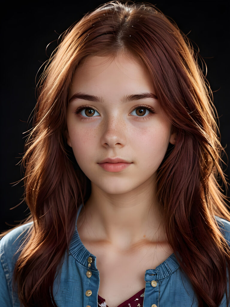 a (((realistically teenage girl, 15 years old))) with highly detailed, expressive eyes and a beautifully drawn face, framed by (((soft, flowing straight maroon hair))), illuminated by (cinematic, highlights) in a (close-up shot), exuding an air of innocent, wholesomeness, perfect shadow and light, ((black background))