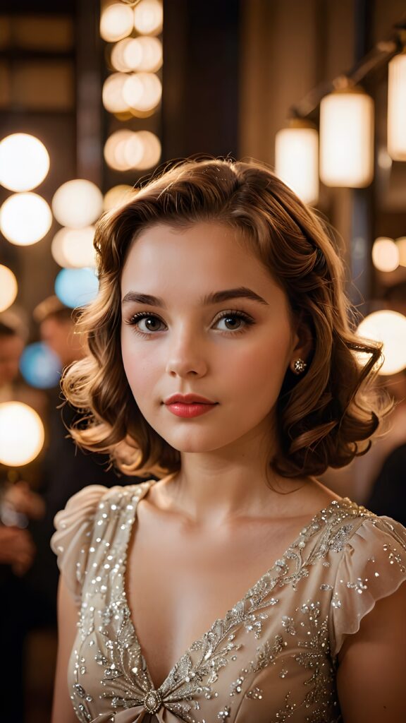 a (((realistically gorgeous young lady))) from the 1950s era, elegantly dressed in a classic style, with a soft focus filter that gives her a vintage air, under luxurious (((cinematic lights))), exuding an air of timeless beauty and sophistication