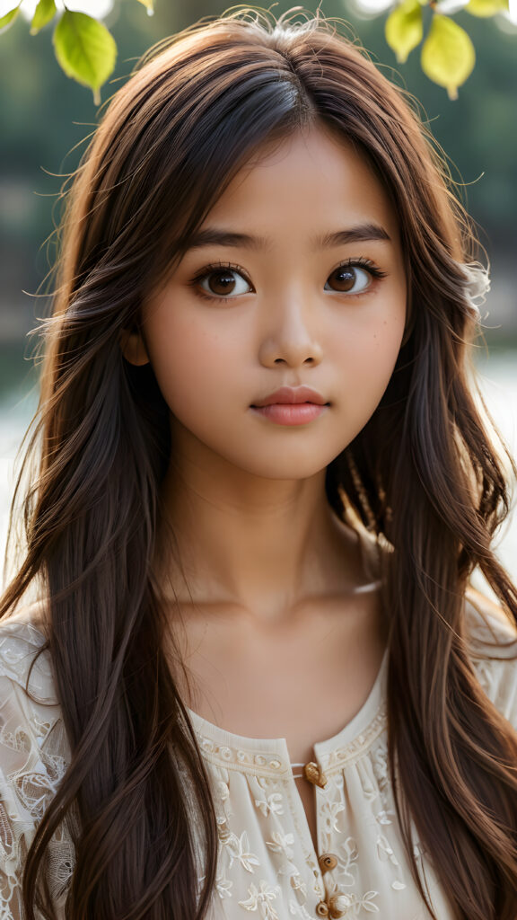 a (((realistically drawn portrayal))) of a (((beautifully elegant young Burmese girl))), aged 15, with ((long, straight, hazelnut super soft hair)) framing a (((stunningly realistic, detailed face))), characterized by intricate features like (((round hazelnut eyes))), cut bangs, and a softly down turned mouth, captured in a (((side perspective, perfect body))), her expression suggestive of melancholy