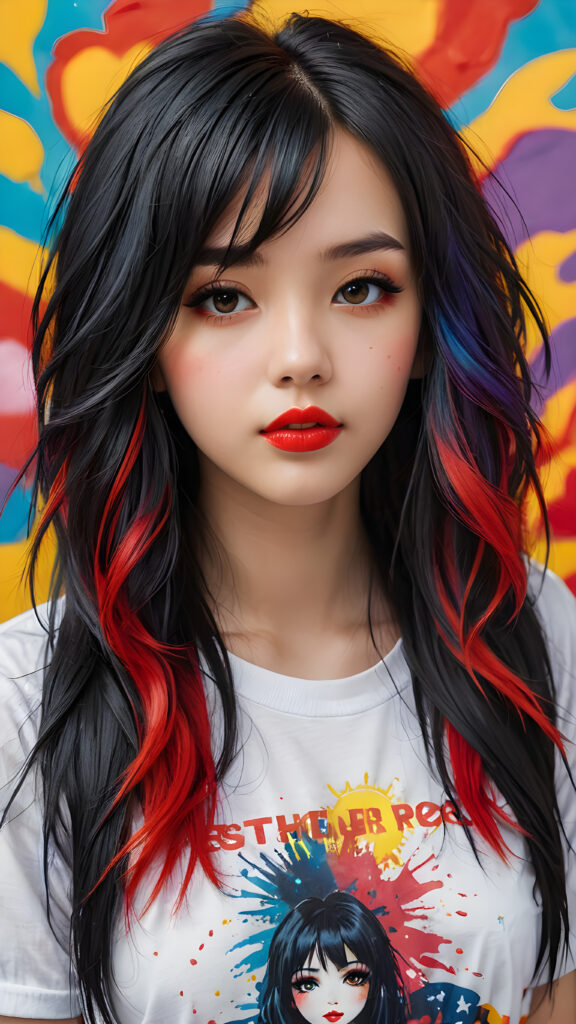 a (((realistically modelled, highly detailed))) (((close-up portrait))), with ((skin complexion)), (((straight hair))), and (((red lips))), capturing a (((cute emo girl aesthetic))) with a (((super long, messy, big hair))), framed by a (((vividly colorful, highly detailed backdrop))) that gives off a (((sunny, psychedelic glow))), suggestive of a (dreamy, cloudy, romantic setting)