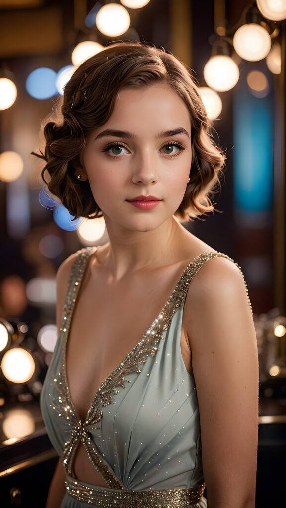 a (((realistically gorgeous young lady))) from the 1920s era, elegantly dressed in a classic style, with a soft focus filter that gives her a vintage air, under luxurious (((cinematic lights))), exuding an air of timeless beauty and sophistication