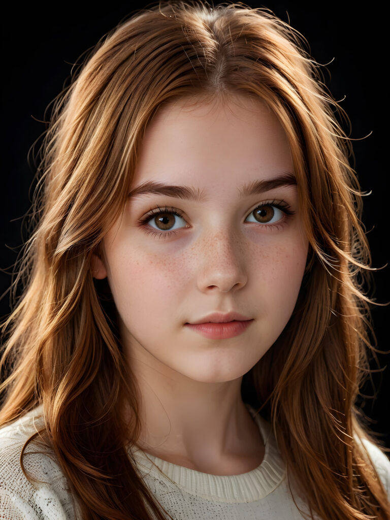 a (((realistically teenage girl, 15 years old))) with highly detailed, expressive eyes and a beautifully drawn face, framed by (((soft, flowing straight auburn hair))), illuminated by (cinematic, highlights) in a (close-up shot), exuding an air of innocent, wholesomeness, perfect shadow and light, ((black background))