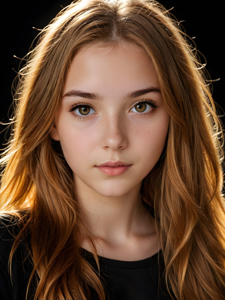 a (((realistically teenage girl, 15 years old))) with highly detailed, expressive eyes and a beautifully drawn face, framed by (((soft, flowing straight amber hair))), illuminated by (cinematic, highlights) in a (close-up shot), exuding an air of innocent, wholesomeness, perfect shadow and light, ((black background))