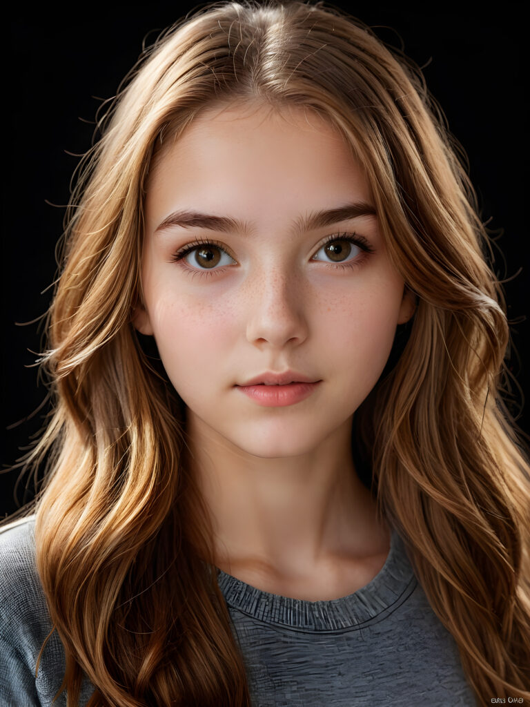 a (((realistically teenage girl, 15 years old))) with highly detailed, expressive eyes and a beautifully drawn face, framed by (((soft, flowing straight hazelnut hair))), illuminated by (cinematic, highlights) in a (close-up shot), exuding an air of innocent, wholesomeness, perfect shadow and light, ((black background))