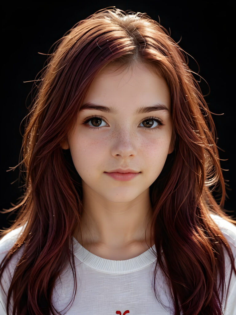 a (((realistically teenage girl, 15 years old))) with highly detailed, expressive eyes and a beautifully drawn face, framed by (((soft, flowing straight maroon hair))), illuminated by (cinematic, highlights) in a (close-up shot), exuding an air of innocent, wholesomeness, perfect shadow and light, ((black background))