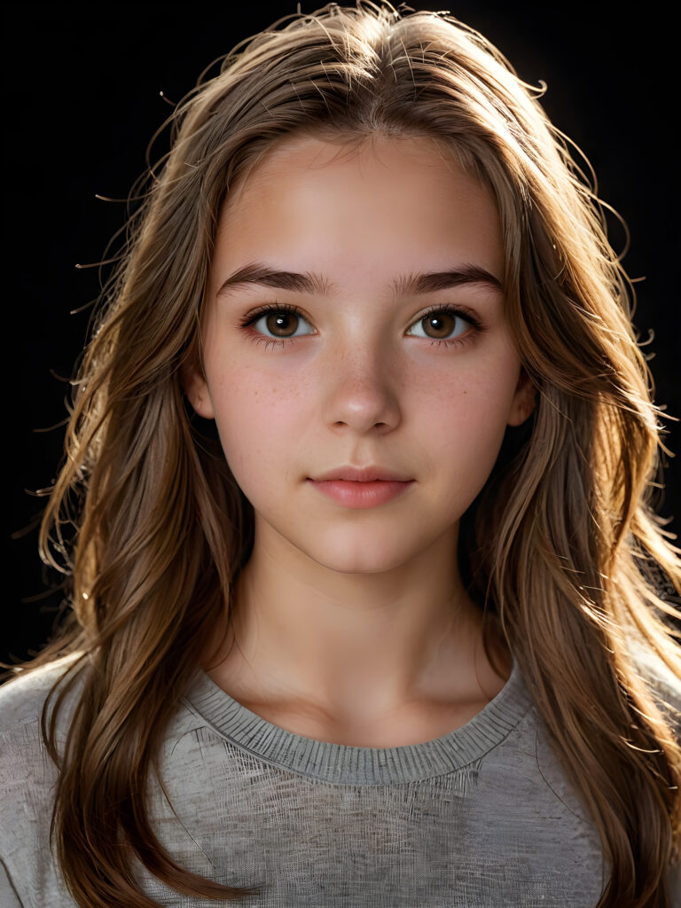 a (((realistically teenage girl, 15 years old))) with highly detailed, expressive eyes and a beautifully drawn face, framed by (((soft, flowing straight light brown hair))), illuminated by (cinematic, highlights) in a (close-up shot), exuding an air of innocent, wholesomeness, perfect shadow and light, ((black background))