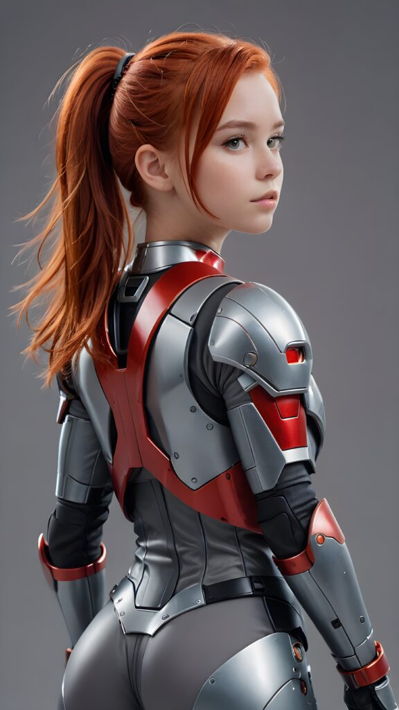 a (((sci-fi teen girl))) sleek, and softly shining (((straight red hair))), poised in a graceful pose, dressed in futuristic short armor that complements her form, standing against a (((gray backdrop)))