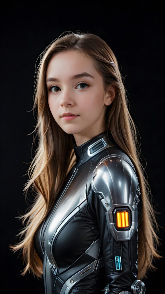 a (((sci-fi teen girl))), long straight hair in a perfect pose ((black background))