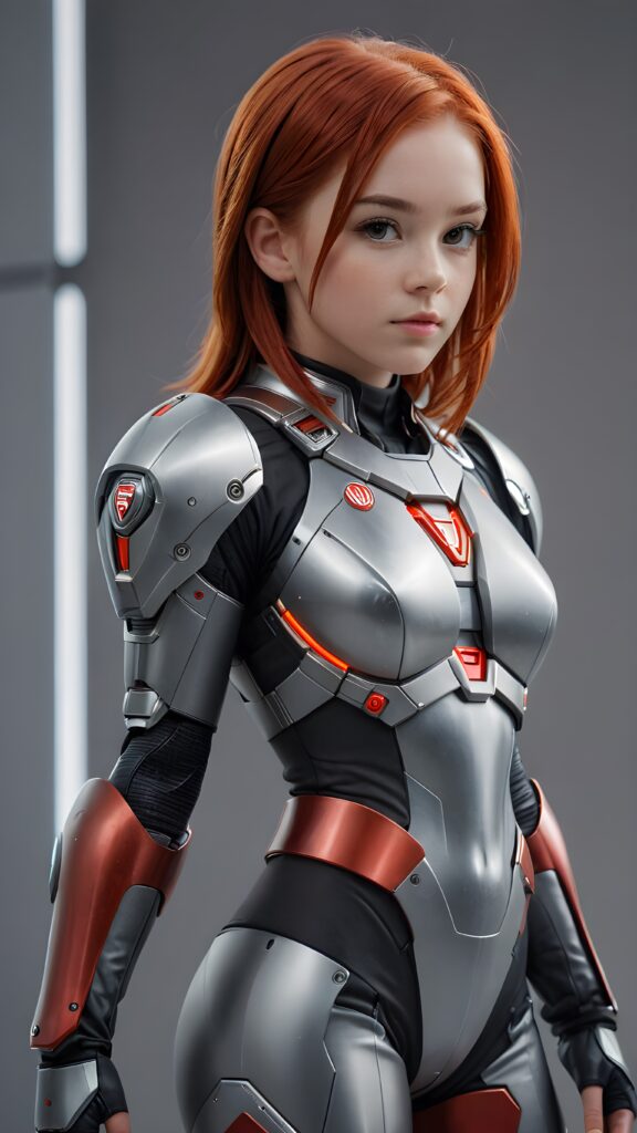 a (((sci-fi teen girl))) sleek, and softly shining (((straight red hair))), poised in a graceful pose, dressed in futuristic short armor that complements her form, standing against a (((gray backdrop)))