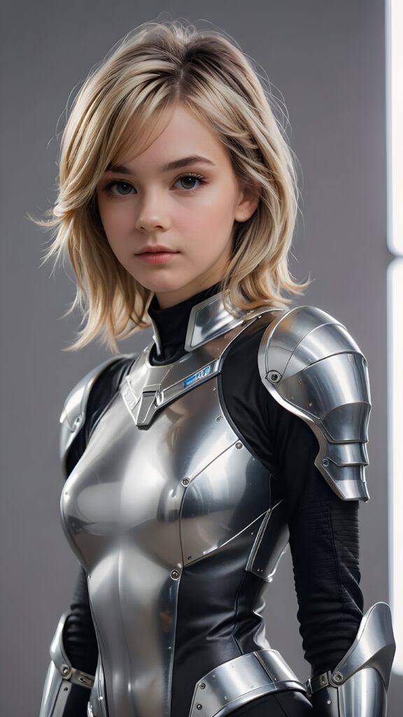 a (((sci-fi teen girl))) sleek, and softly shining (((pretty flaxen shag hair))), poised in a graceful pose, dressed in ((futuristic short silver armor)) that complements her form, standing against a (((gray backdrop))) ((stunning)) ((gorgeous)) ((perfect shadow and light))