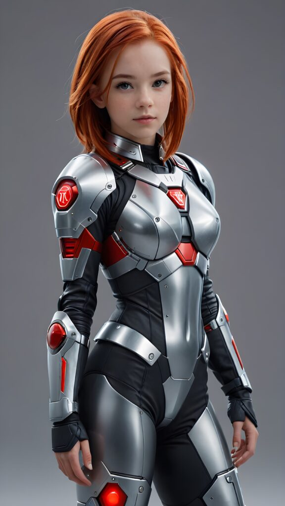 a (((sci-fi teen girl))) sleek, and softly shining (((straight red hair))), poised in a graceful pose, dressed in futuristic short armor that complements her form, standing against a (((gray backdrop)))