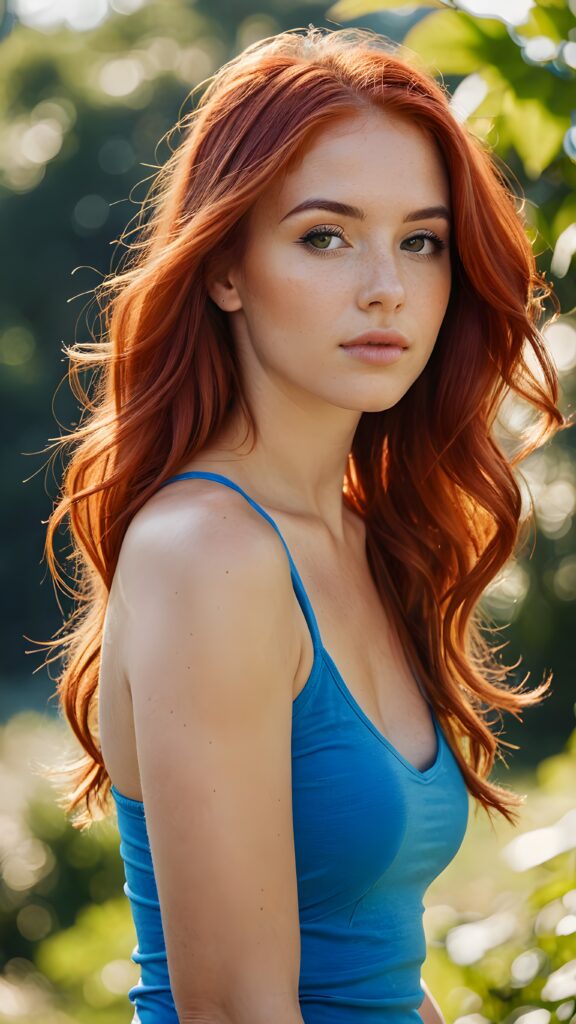 a (((sensual young girl with red hair))), wearing a sleek, strapless, ((tight blue tank top)), with her long soft hair flowing around her shoulders, natural sunny backdrop