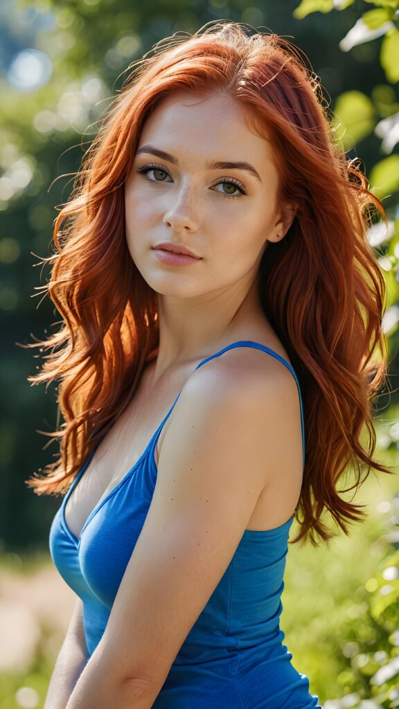 a (((sensual young girl with red hair))), wearing a sleek, strapless, ((tight blue tank top)), with her long soft hair flowing around her shoulders, natural sunny backdrop