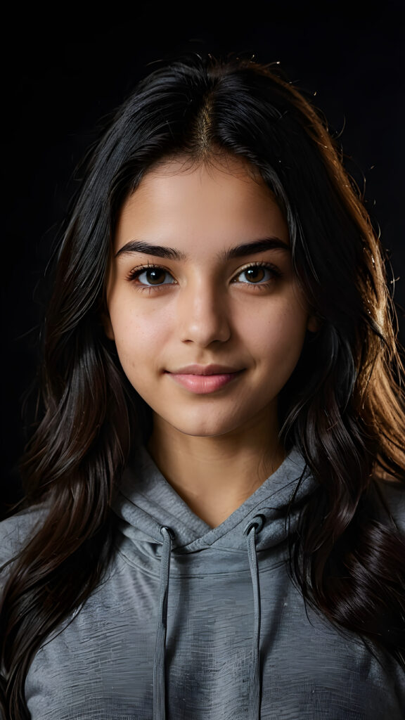 a silhouette of a young beautiful cute Persian teen girl, 15 years old, dimmed light falls on her face, she has long (((dark hair))) and dark eyes, ((angelic round face)), ((realistic, detailed portrait)), dark background, perfect shadow, she wears a grey hoodie, smile