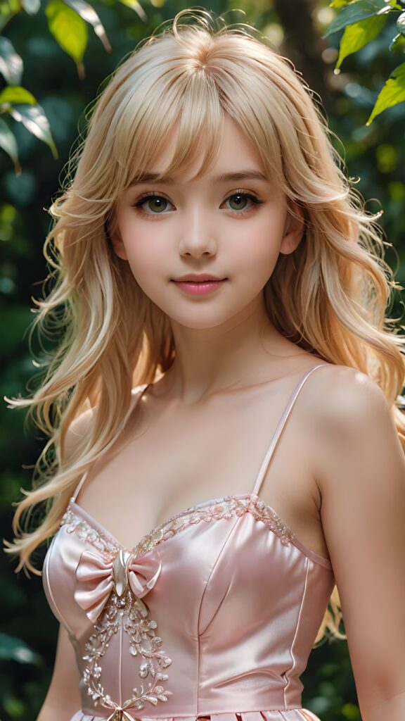 a (((small, young girl, 13 years old))), perfect body, her hair in (((long, jet soft blond hair, bangs cut))), with dark, striking eyes, exuding an air of innocence and cuteness, smile, joy, ((she wears a thin pink spaghetti sleeveless dress)), her features are sharply defined, with full lips and an ethereal beauty reflective of an angelic visage, against a green natural backdrop