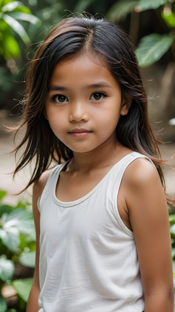 a (((small, young Indonesian girl, 13 years old))), with dark, striking eyes, exuding an air of innocence and cuteness, long hair, she wears a short white tank top, her features are sharply defined, with full lips