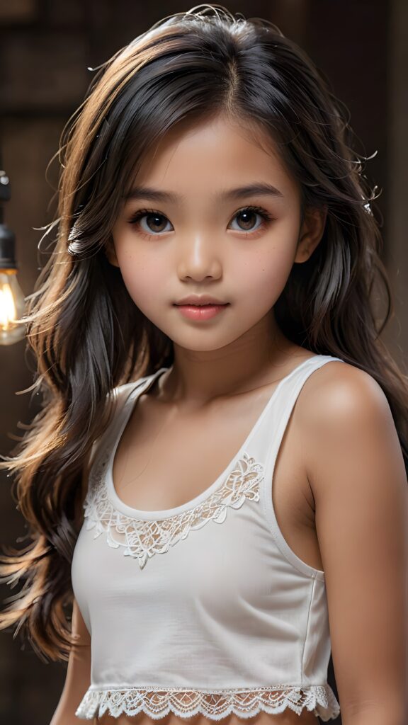 a (((small, young Indonesian girl, 13 years old))), with dark, striking eyes, exuding an air of innocence and cuteness, long hair, she wears a short white tank top, her features are sharply defined, with full lips