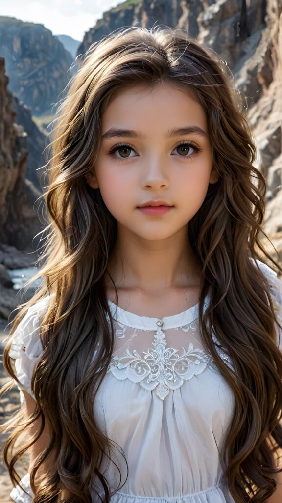 a (((small, young girl, 13 years old))), her hair in (((long, wavy locks))), with dark, striking eyes, exuding an air of innocence and cuteness. Her features are sharply defined, with full lips and an ethereal beauty reflective of an angelic visage. In the background, a (quarry) with its distinctive contours and stone walls provides a beautifully contrasting backdrop