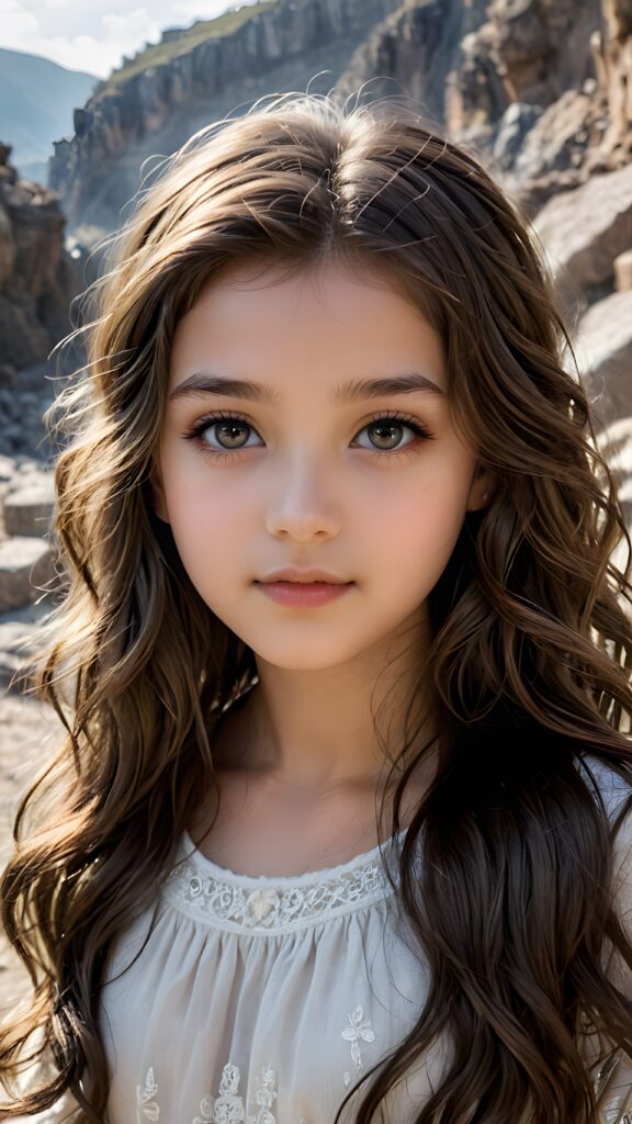 a (((small, young girl, 13 years old))), her hair in (((long, wavy locks))), with dark, striking eyes, exuding an air of innocence and cuteness. Her features are sharply defined, with full lips and an ethereal beauty reflective of an angelic visage. In the background, a (quarry) with its distinctive contours and stone walls provides a beautifully contrasting backdrop