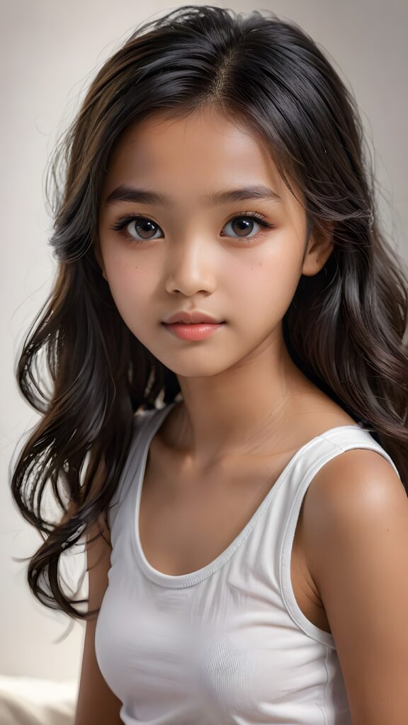 a (((small, young Indonesian girl, 13 years old))), with dark, striking eyes, exuding an air of innocence and cuteness, long hair, she wears a short white tank top, her features are sharply defined, with full lips