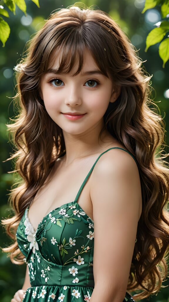 a (((small, young girl, 13 years old))), perfect body, her hair in (((long, wavy locks, bangs cut))), with dark, striking eyes, exuding an air of innocence and cuteness, smile, joy, she wears a thin floral spaghetti sleeveless dress, her features are sharply defined, with full lips and an ethereal beauty reflective of an angelic visage, against a green natural backdrop